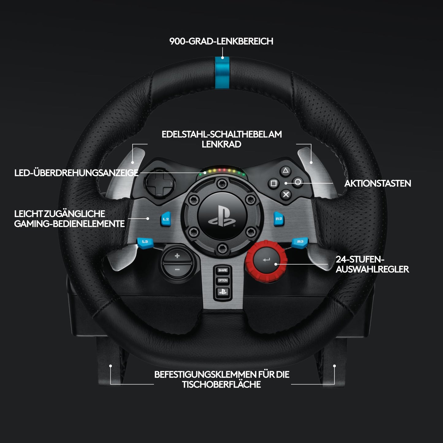 Gaming Rennlenkrad mit Force Feedback, 900° Lenkbereich & Pedale, Schwarz